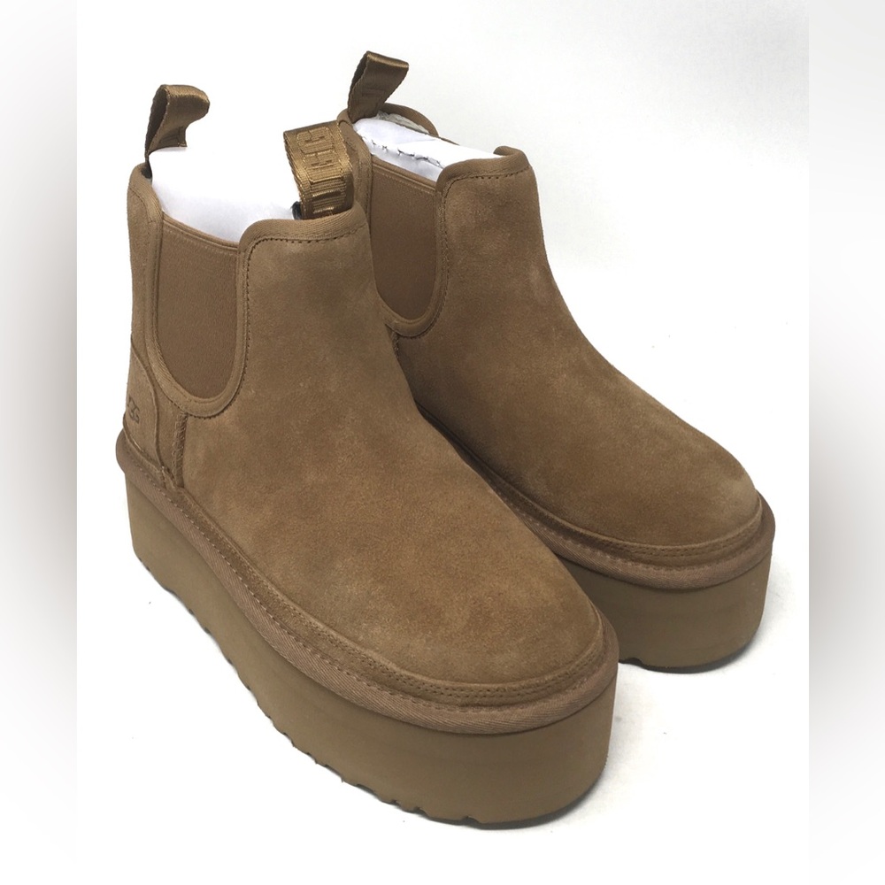 🔴SOLD Ugg Neumel Platform Chelsea Boots Chestnut Suede Shearling Sheepskin - Picture 6 of 15
